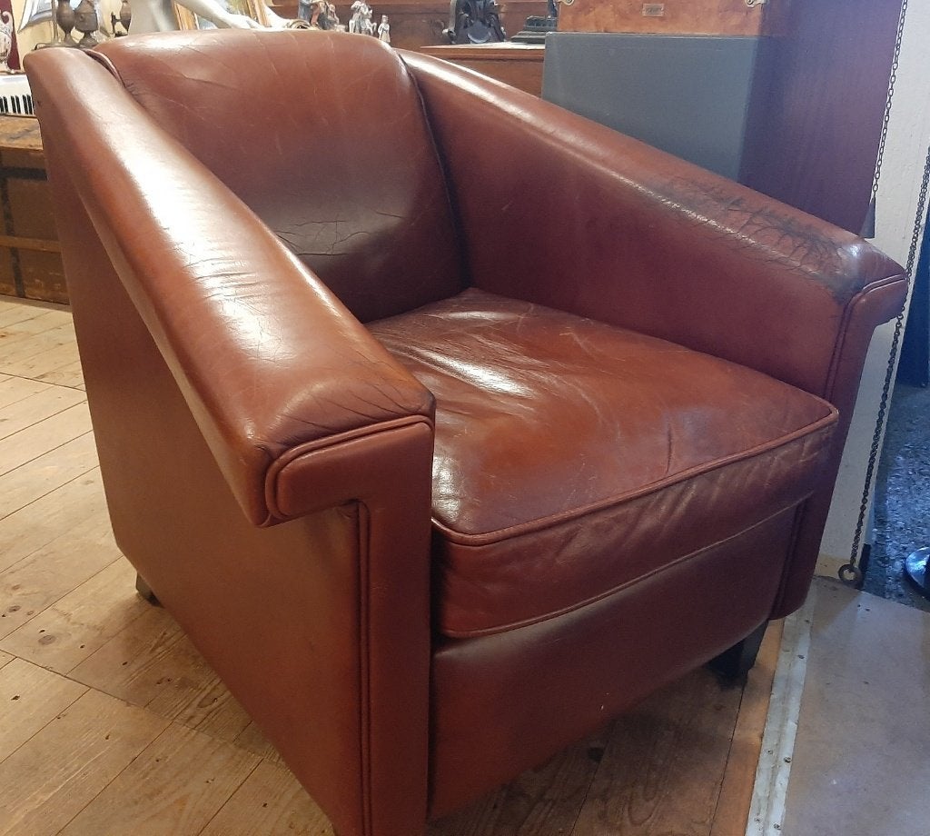 Stoere echte lederen fauteuil rookstoel met gebruikssporen, Ophalen, Gebruikt, 75 tot 100 cm, 50 tot 75 cm