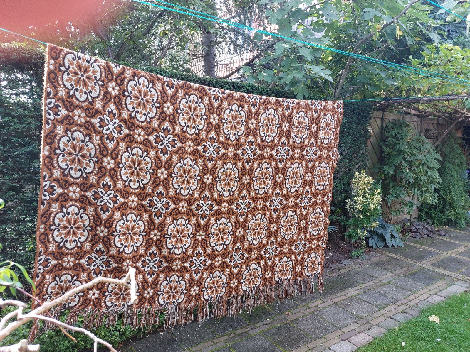 Vintage / Retro beddensprei met franje, Bruin, 200 cm of meer, Ophalen of Verzenden, 200 cm of meer