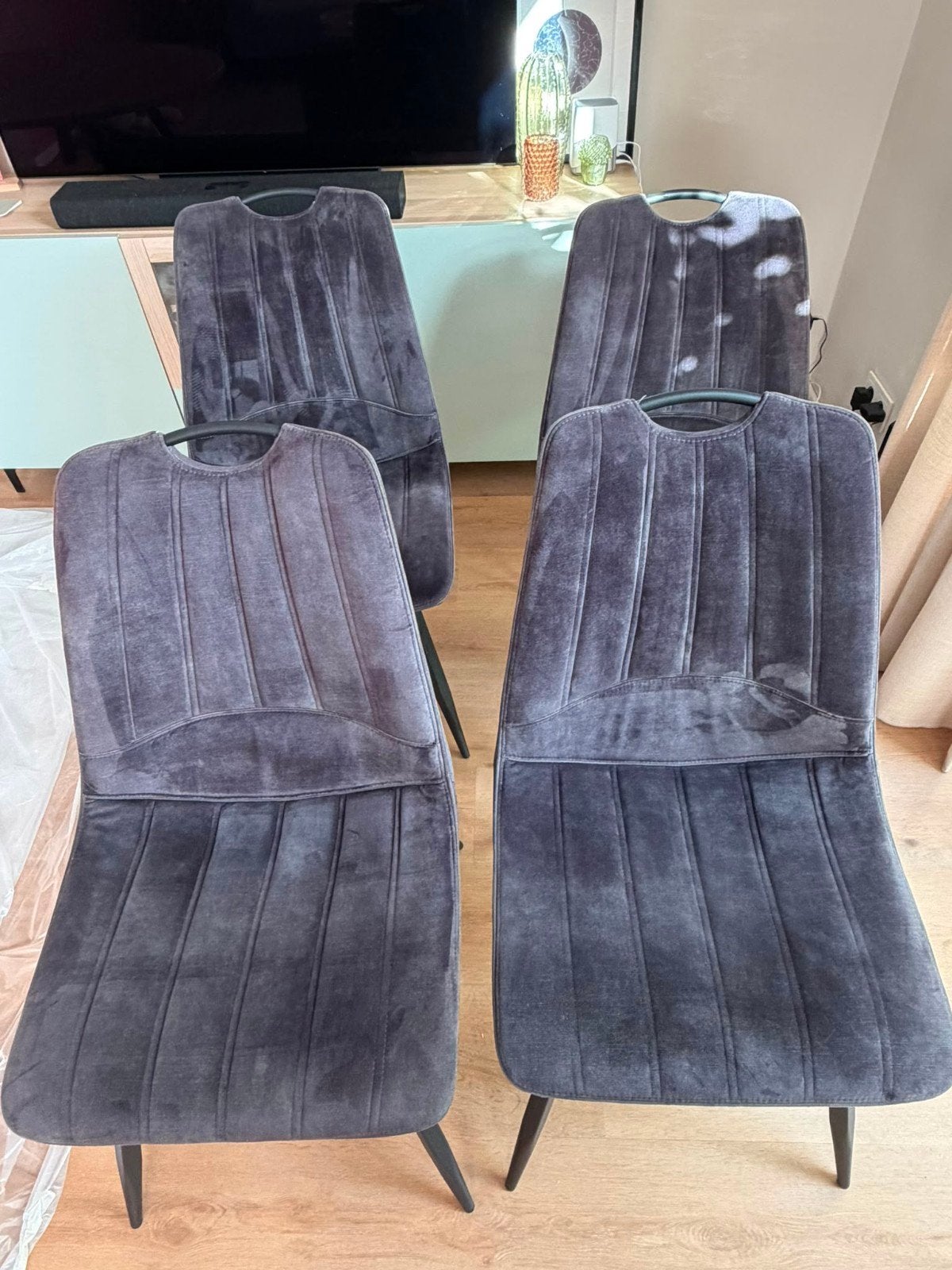 4 HACO Eetkamerstoelen grijs antraciet velours 4 stuks, Ophalen, Gebruikt, Vier, Industrieel