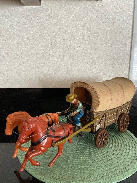 Western MT Japan grote wagon master huifcar met span paarden, Ophalen of Verzenden