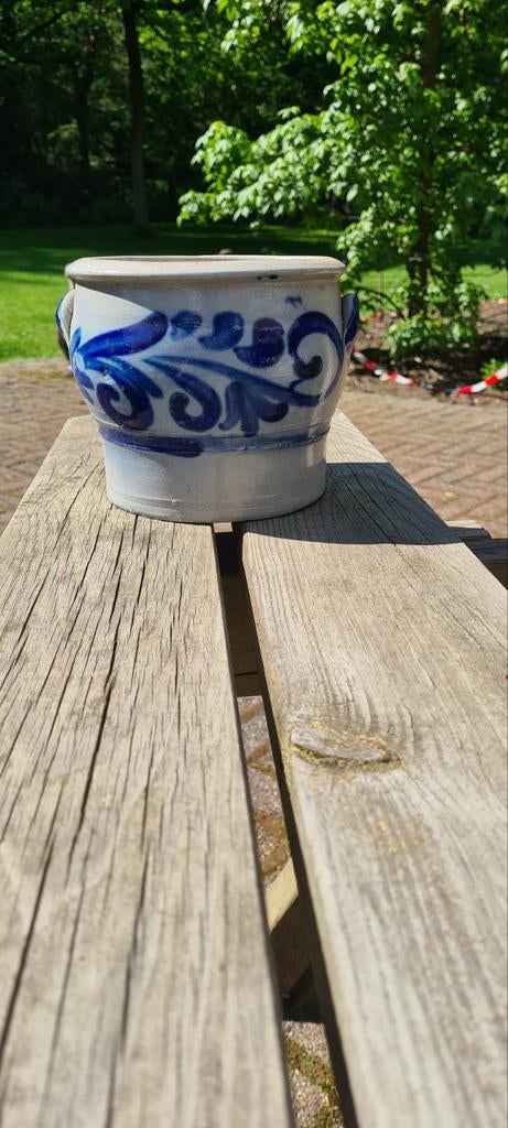 Vintage Aardewerk Pot met Blauw Decor, Ophalen of Verzenden