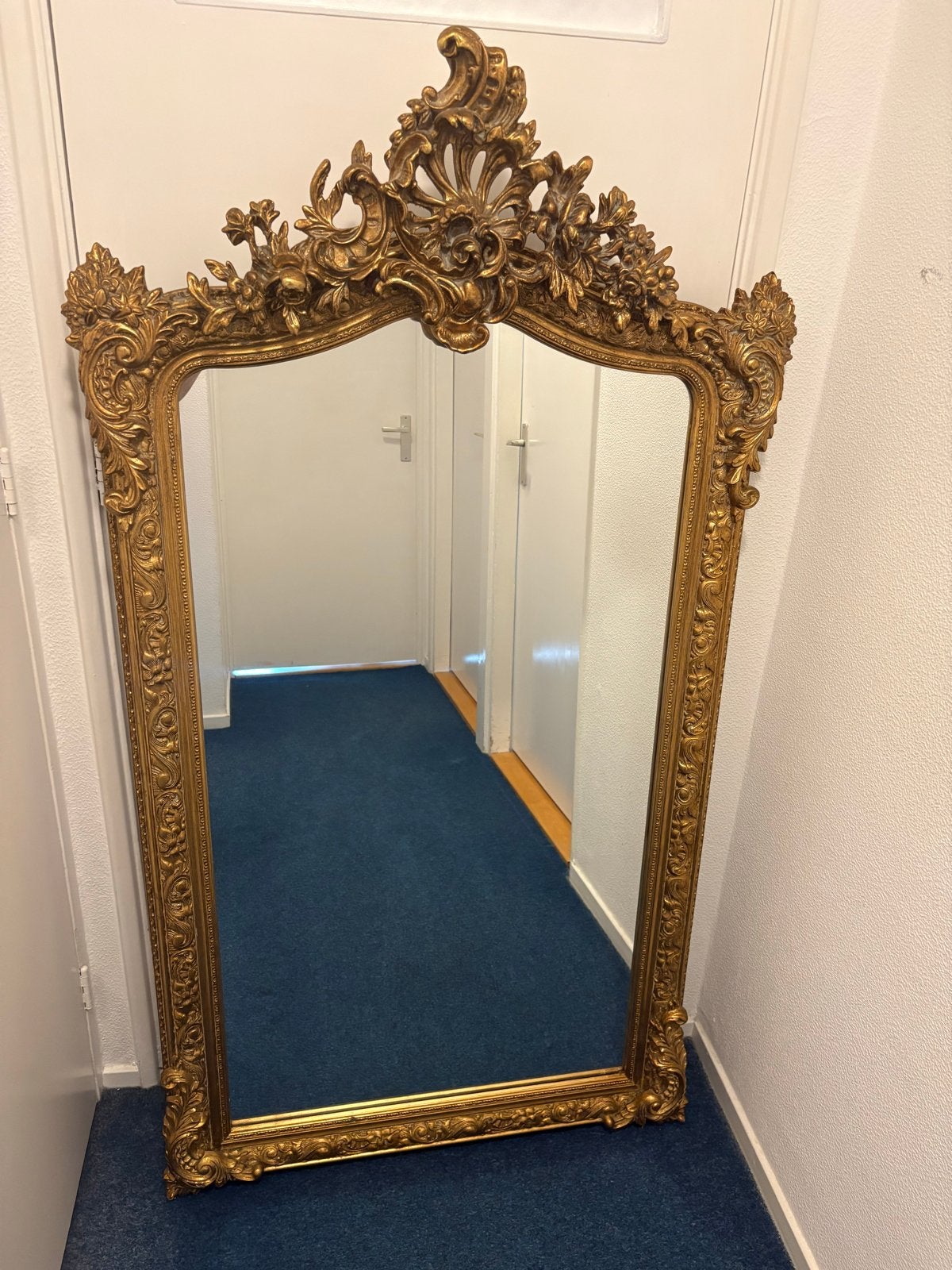 Grote Antieke Gouden Spiegel met Barokke Lijst, Antiek en Kunst, Antiek | Spiegels, Ophalen, Rechthoekig, 50 tot 100 cm, 150 tot 200 cm