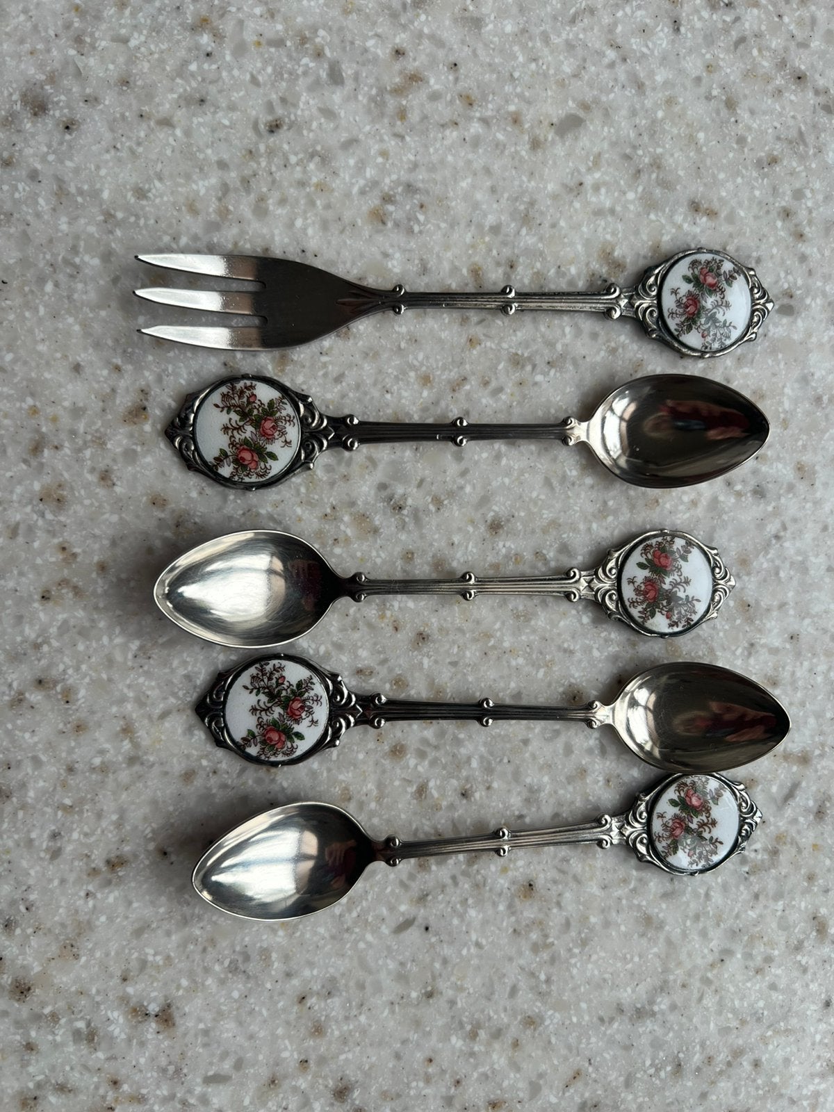5 theelepels en vorkje verzilverd past bij Lavender Rose Ra, Verzenden