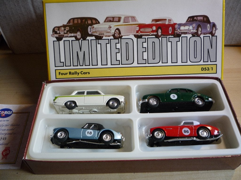 Four Rally cars Ford Lotus, Jaguar, Healy en MGA Corgi Toys, Hobby en Vrije tijd, Modelauto's | 1:43, Ophalen of Verzenden, Zo goed als nieuw