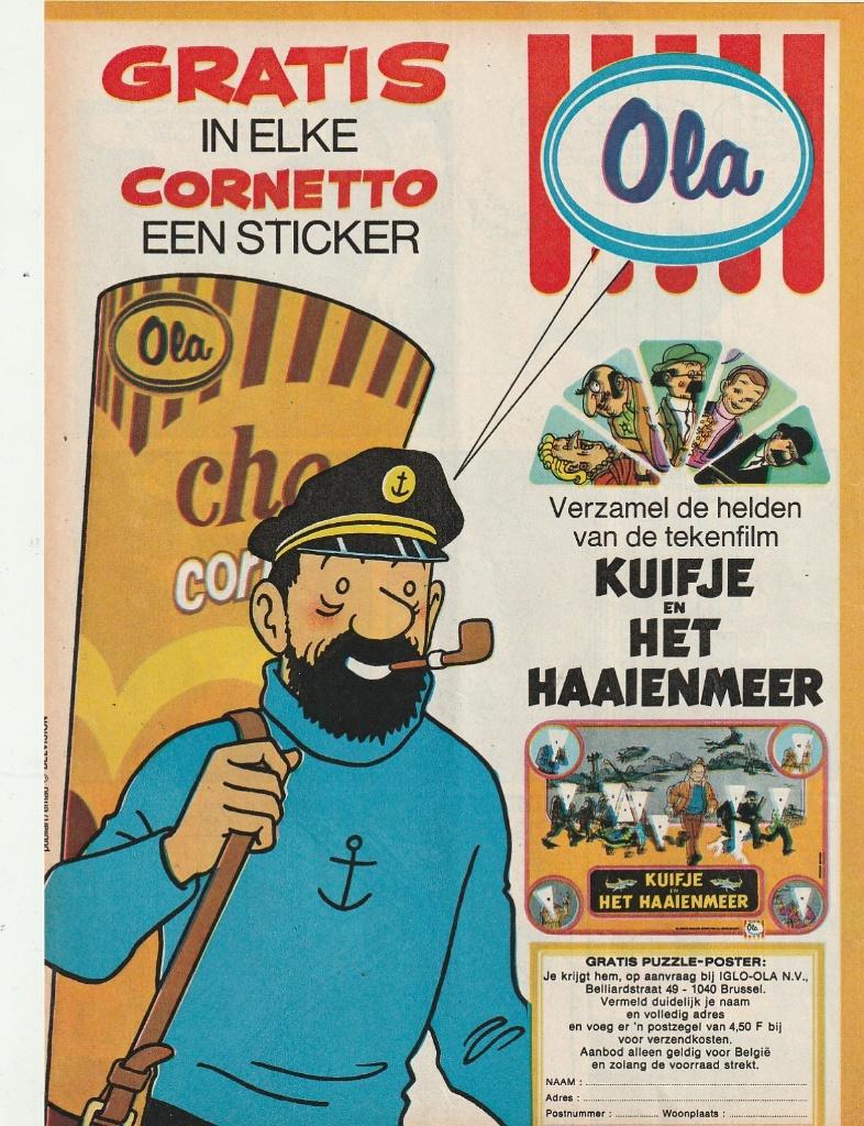 Retro reclame 1973 Ola Cornetto ijsjes Kuifje stickers, Verzenden, Overige typen
