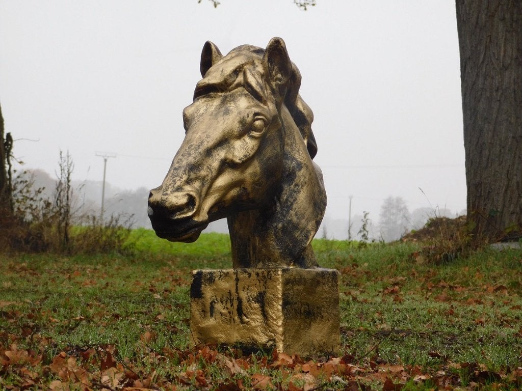 Groot paardenhoofd - goud met zwart - polystone, Kunststof, Beeld, Abstract, Goud