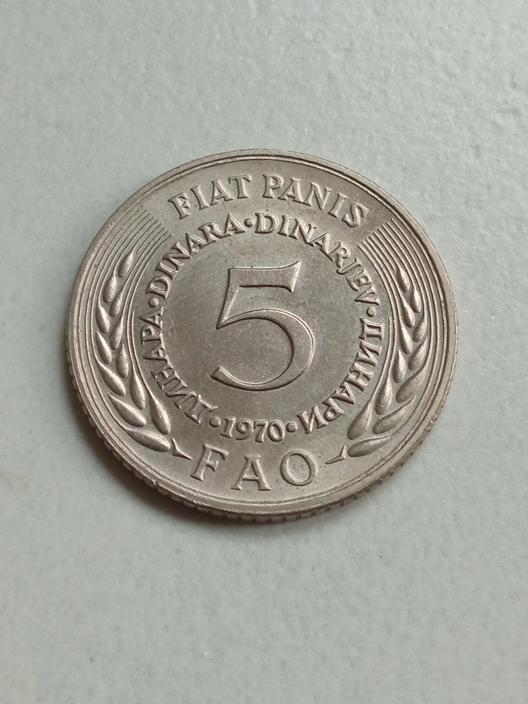 Joegoslavië 5 dinar 1970 F.A.O., Ophalen of Verzenden, Joegoslavië, Losse munt