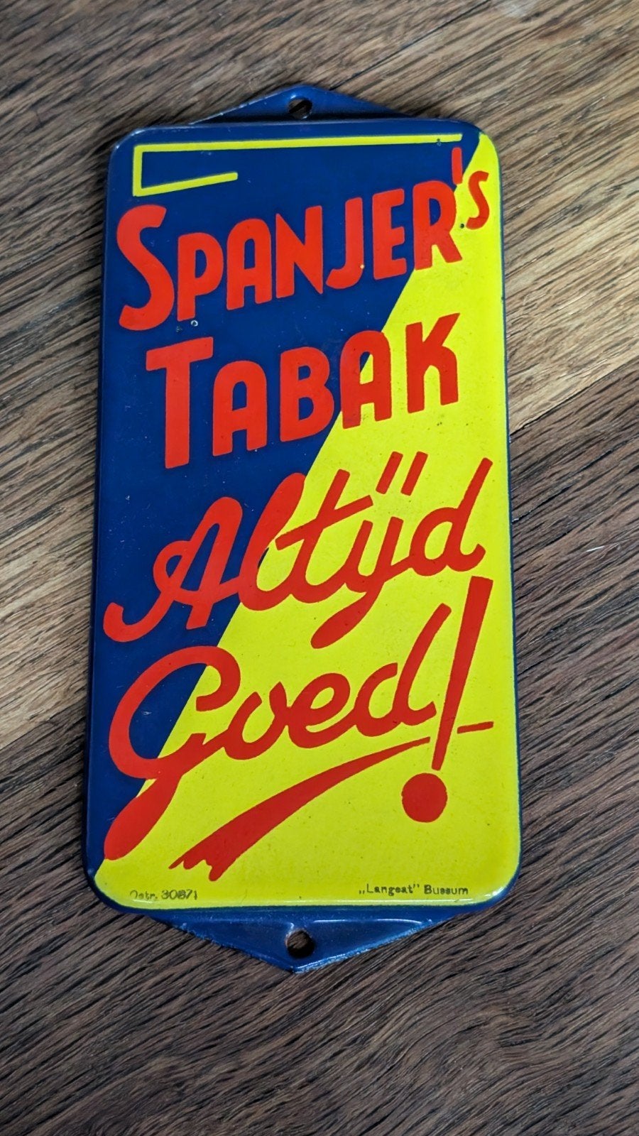 Spanjer's Tabak Emaille Reclame Deurpostje, Ophalen of Verzenden, Zo goed als nieuw, Reclamebord