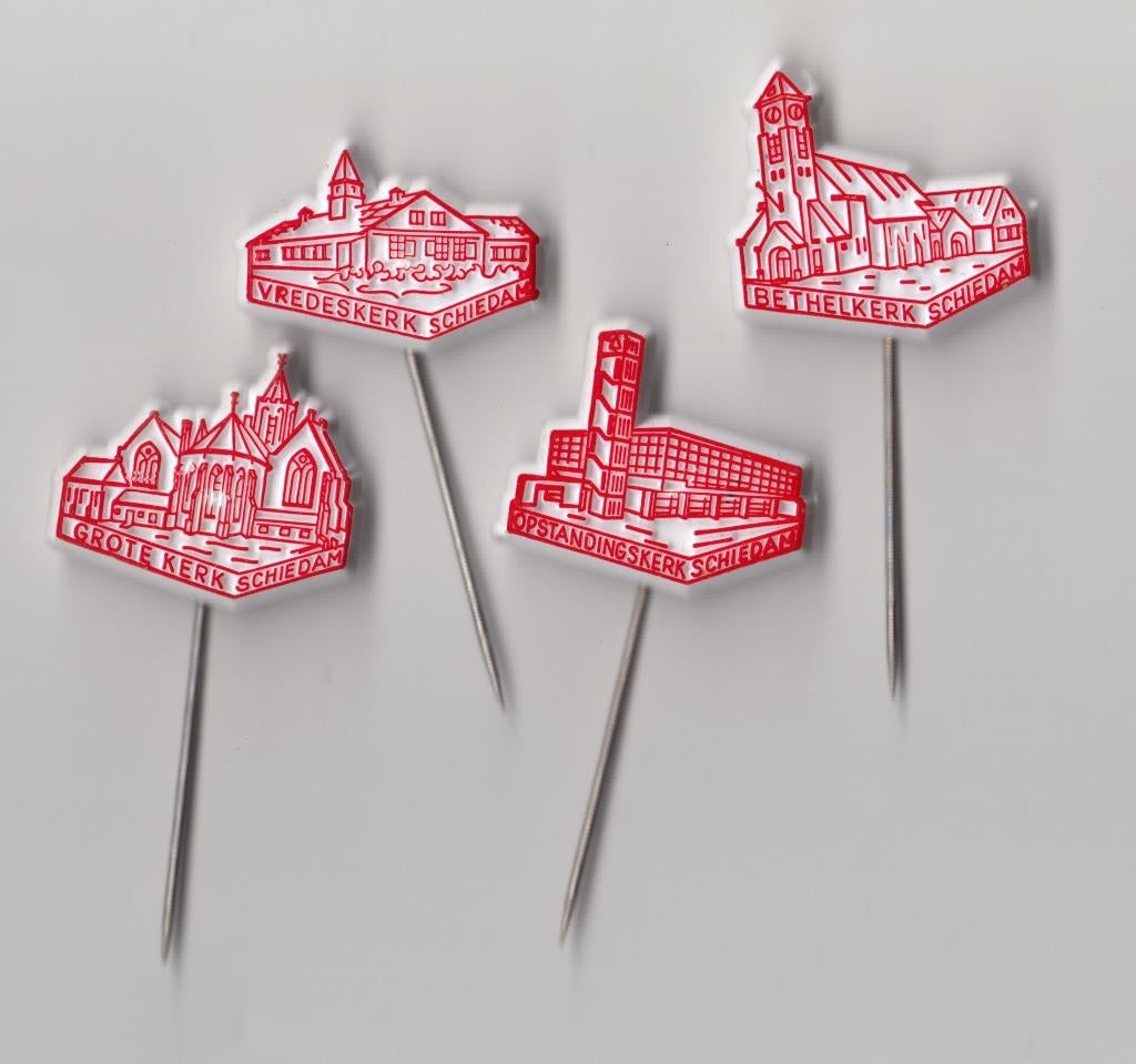 Schiedam Kerken Rood Wit Vredeskerk Bethelkerk speldjes, Gebruikt, Niet vindbaar, Niet vindbaar, Speldje of Pin