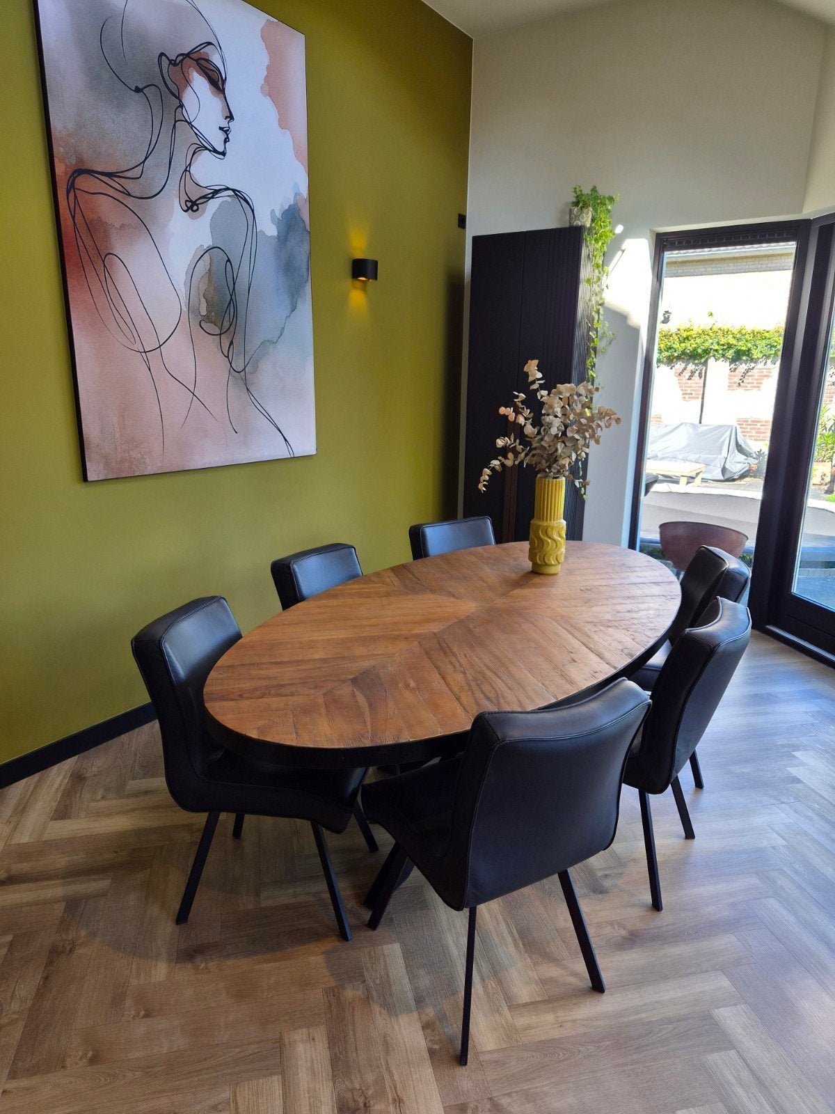 Ovale eettafel (240x120) met 6 leren stoelen, Ophalen, 100 tot 150 cm, 200 cm of meer, Zo goed als nieuw