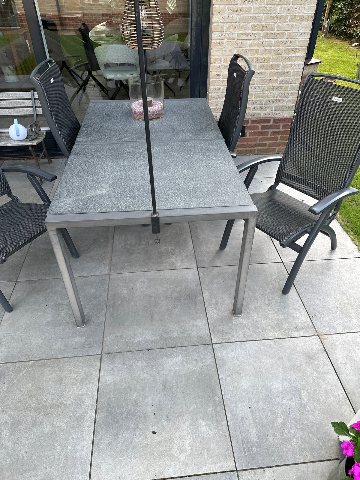 Tuintafel met natuurstenen blad en 4 Hartman stoelen, Ophalen, Gebruikt, Rechthoekig, Overige materialen