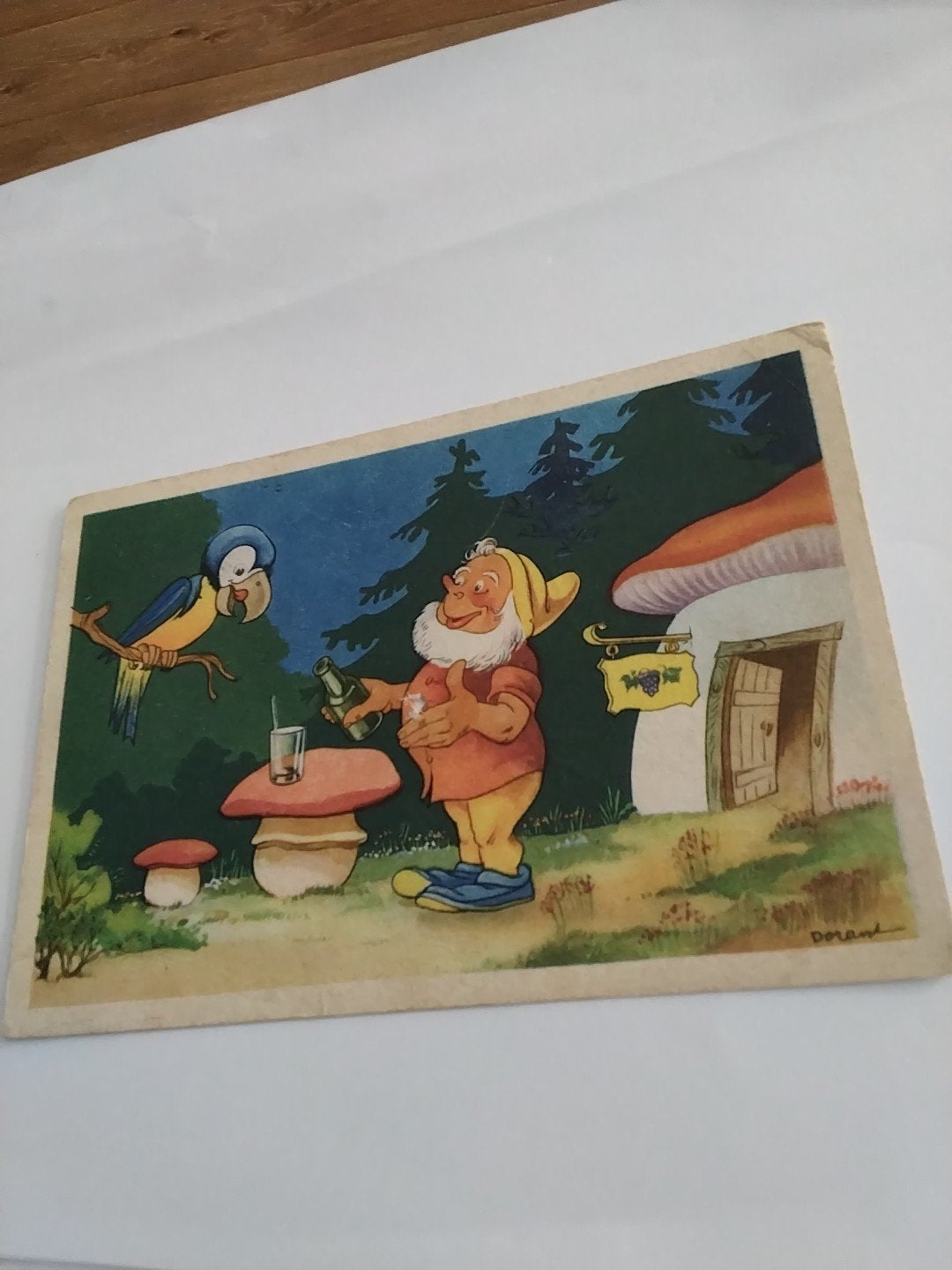 Vintage Ansichtkaart: Kabouter met Papegaai en Paddenstoel, Verzamelen, Ansichtkaarten | Themakaarten, Ophalen of Verzenden