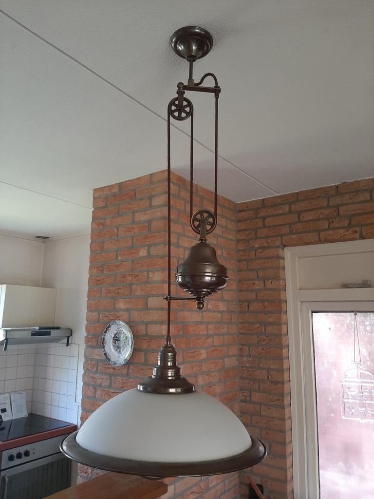 Vintage katrol hanglamp brons en glas, Ophalen, Zo goed als nieuw, Glas, 75 cm of meer