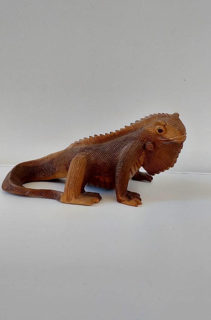 Vintage Handgemaakte hout hagedis figuur beeld Indonesisch, Ophalen of Verzenden, Zo goed als nieuw, Dier