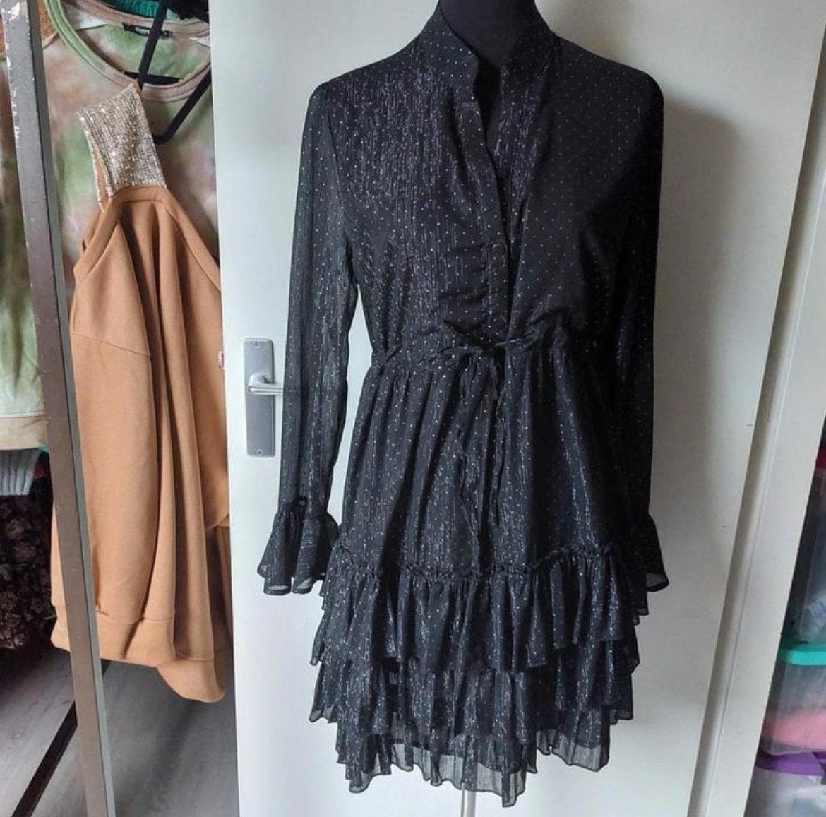 Zwarte Jurk Gouden Stippen Ibiza Boho Vintage M, Ophalen of Verzenden, Gedragen, Maat 38/40 (M), Zwart