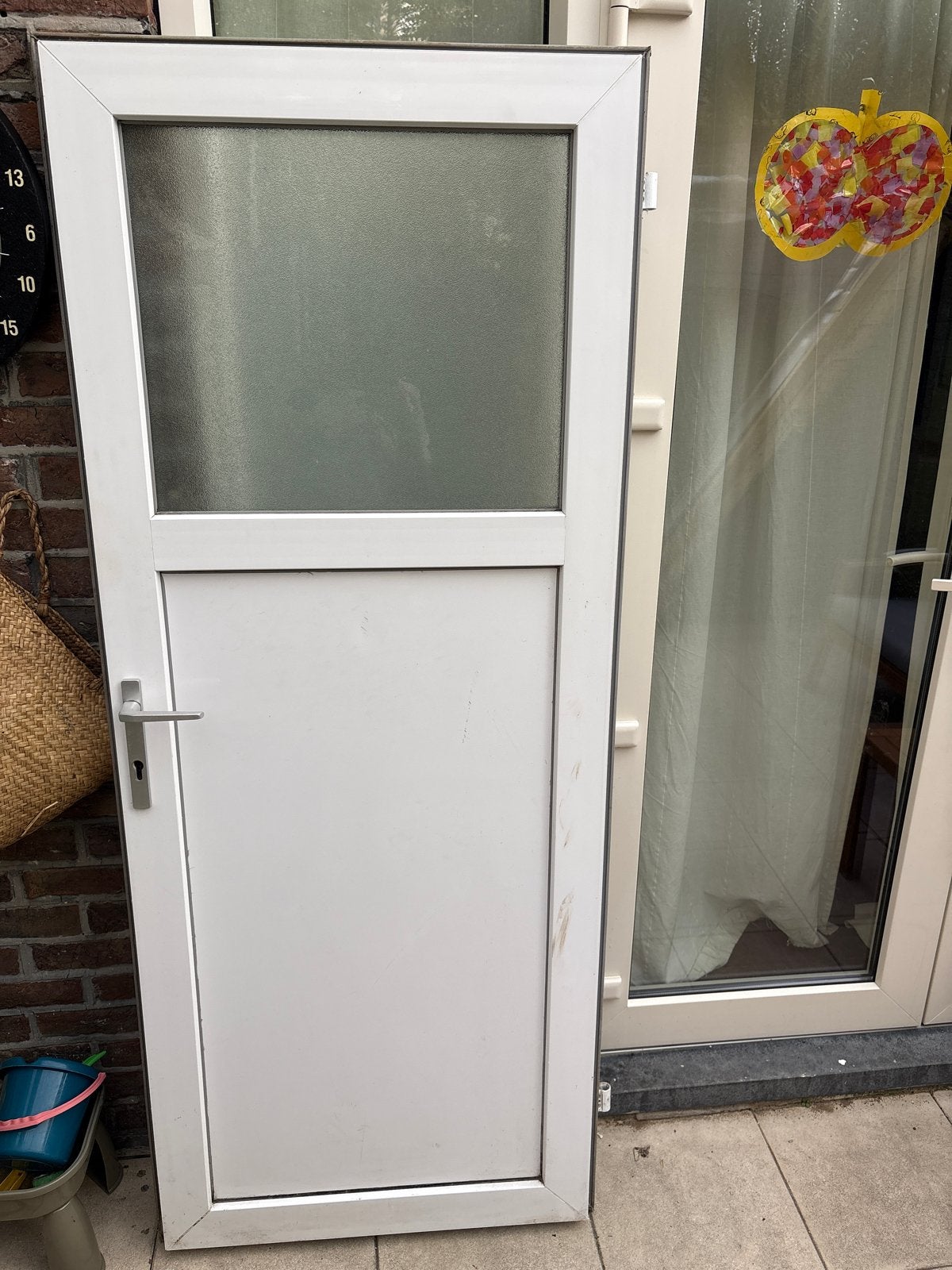 Witte kunststof buitendeur met glas, Gebruikt, 80 tot 100 cm, Ophalen of Verzenden, 200 tot 215 cm