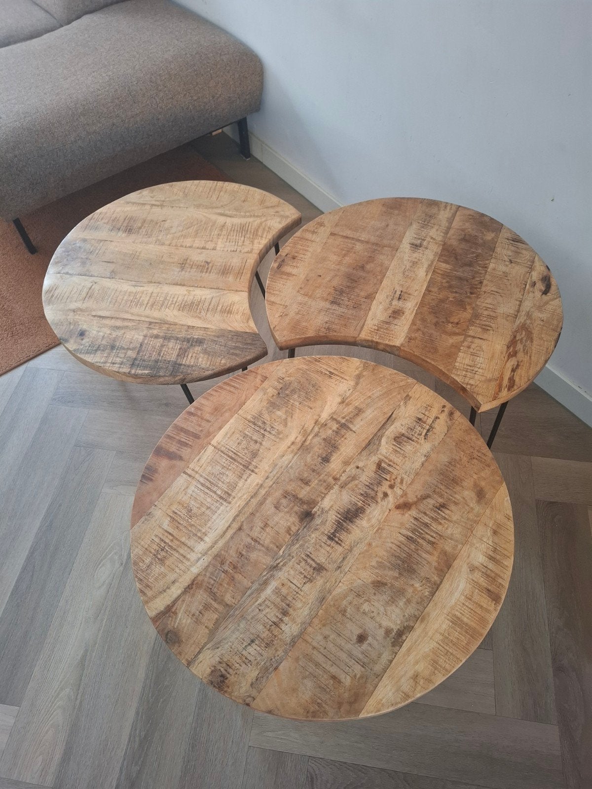 3-delige Mangohouten Salontafel Set - Rond & Halve Maan, Huis en Inrichting, Ophalen
