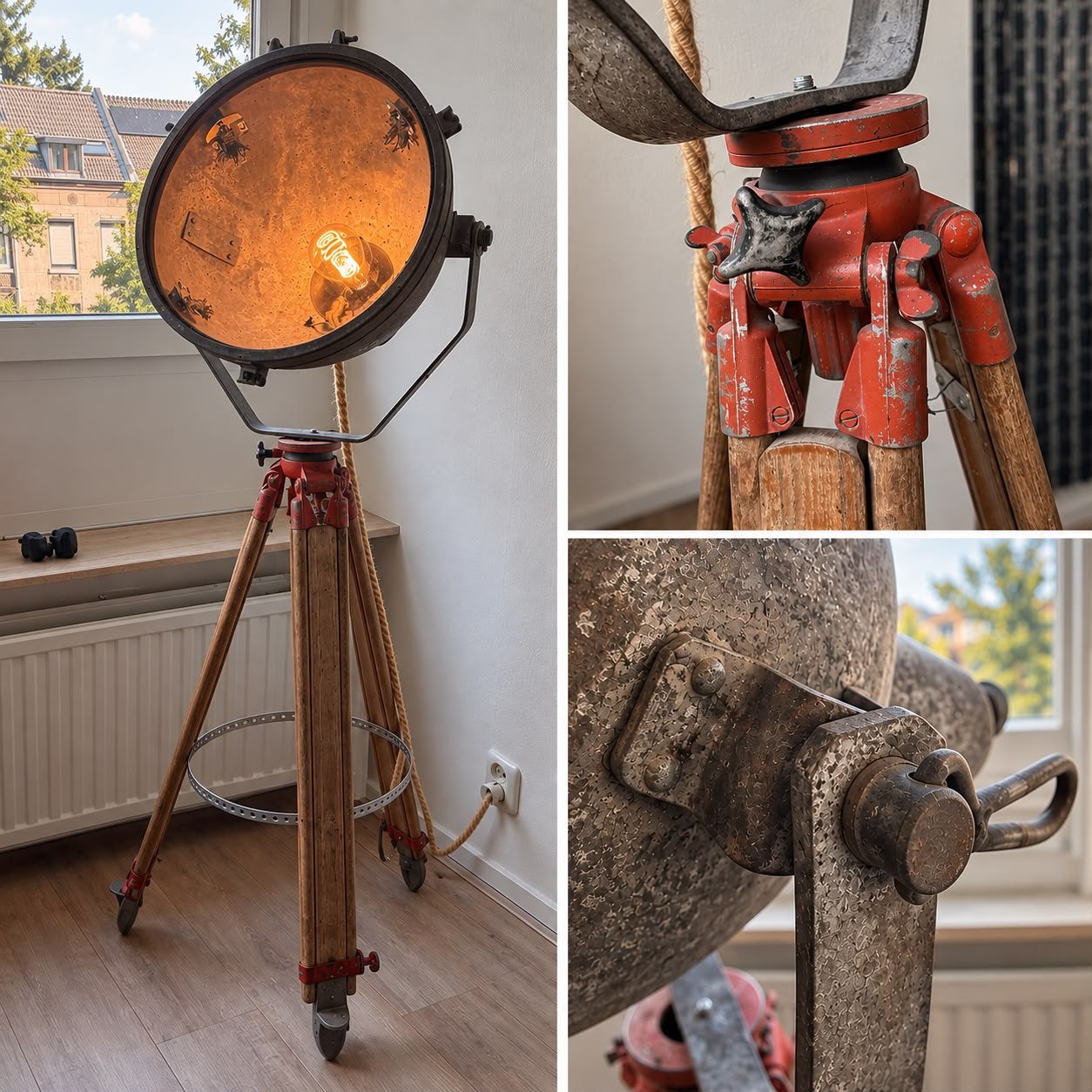 Oude bouwlamp op houten statief, Ophalen, Zo goed als nieuw, Industrieel, 150 tot 200 cm