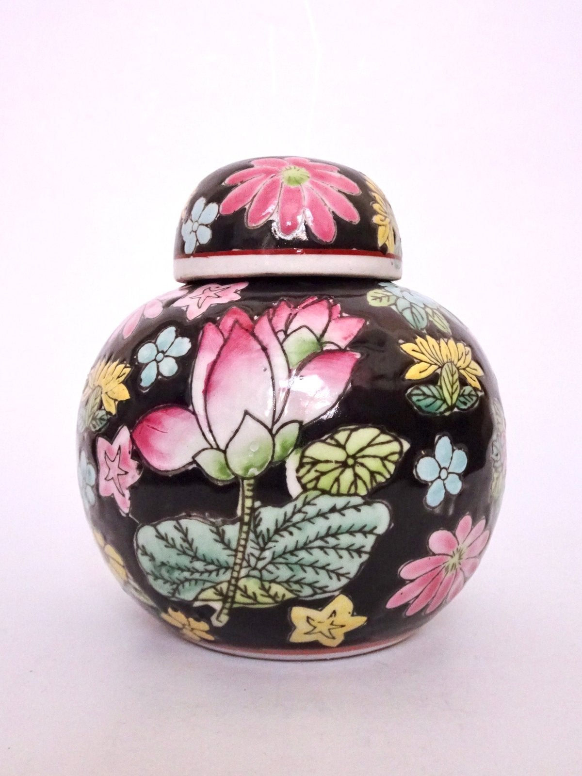 Vintage gemberpot gemberpotten gekleurd bloem bloemen zwart, Ophalen