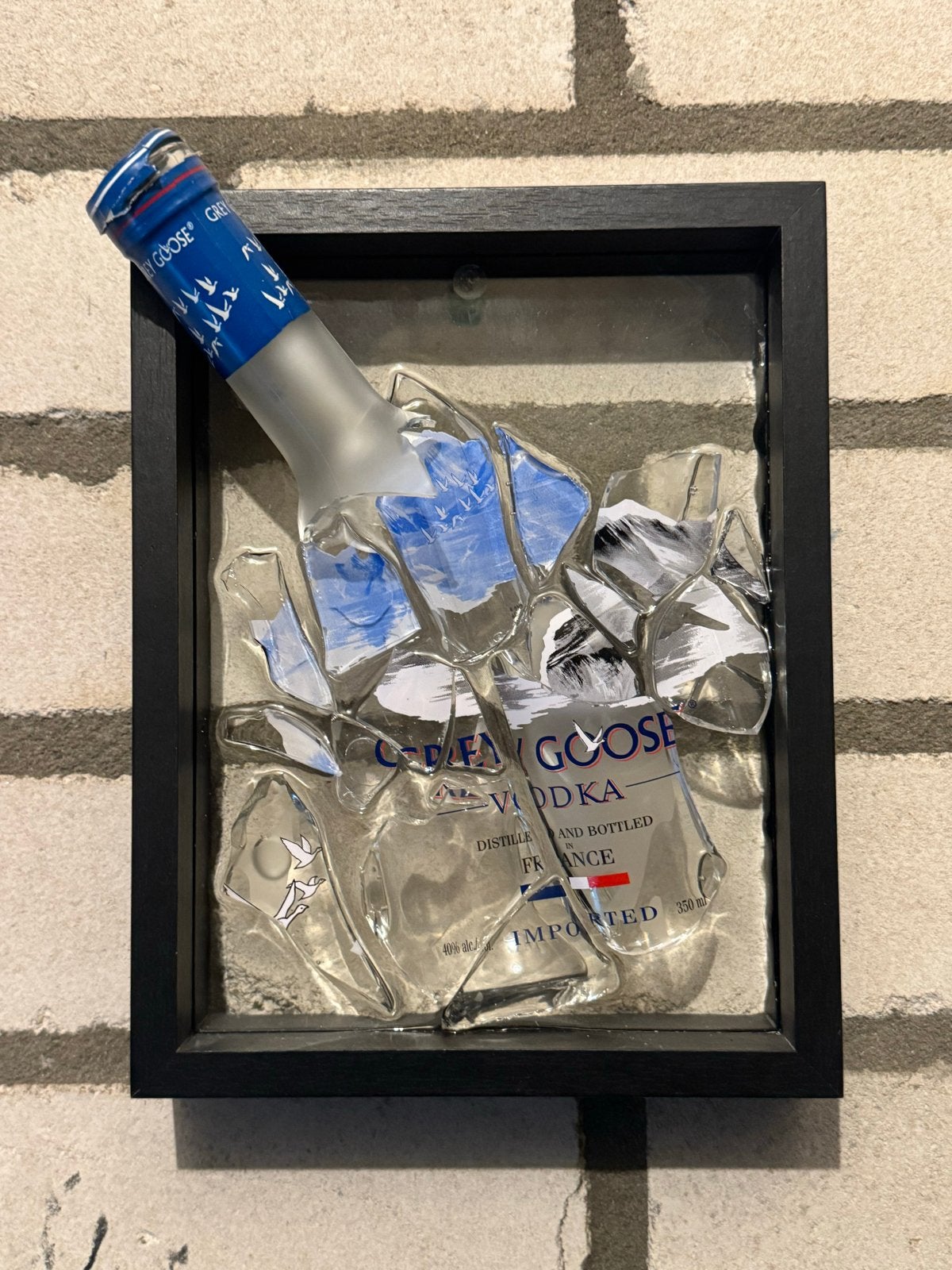 Unieke Grey Goose wodkafles kunst in lijst (17x22), Glas, Ophalen of Verzenden, Handgemaakt, Wanddecoratie