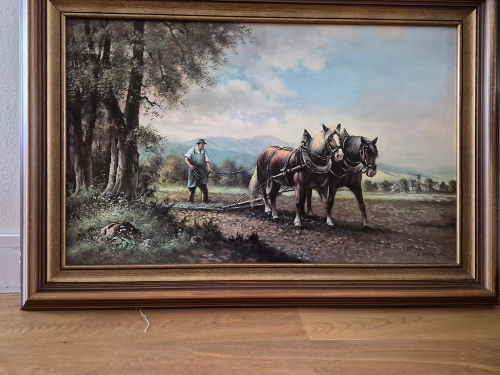 De ploegende boer Schilderij, Antiek en Kunst, Kunst | Schilderijen | Klassiek, Ophalen of Verzenden