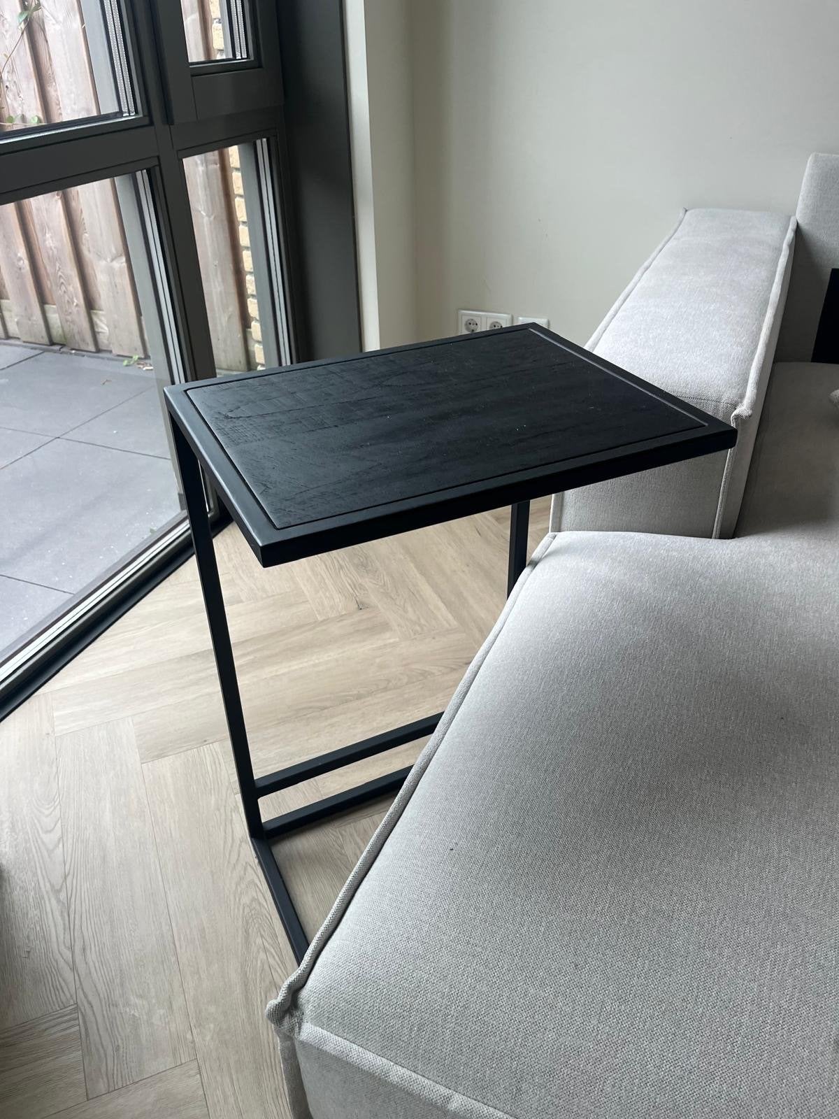 Zwarte bijzettafel met houten blad en stalen frame, Ophalen, Minder dan 55 cm, Gebruikt, 60 cm of meer