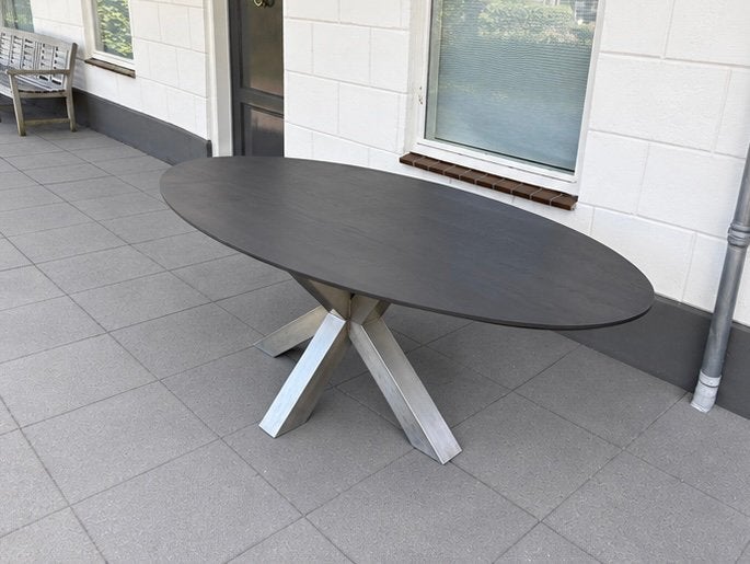 Stoere industriële ovale Table du Sud massief eiken eettafel, Ophalen, 100 tot 150 cm, 200 cm of meer, Zo goed als nieuw