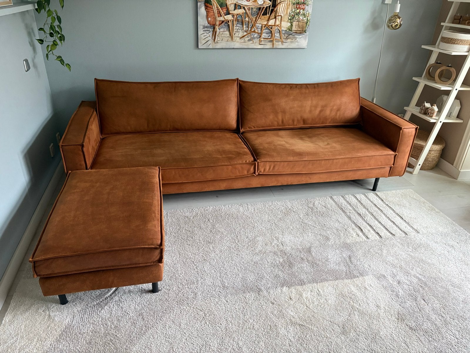 Z.g.a.n. ruime 3-zitsbank met hocker cognac kleur, Huis en Inrichting, Ophalen, 250 tot 300 cm, Driepersoons, Zo goed als nieuw