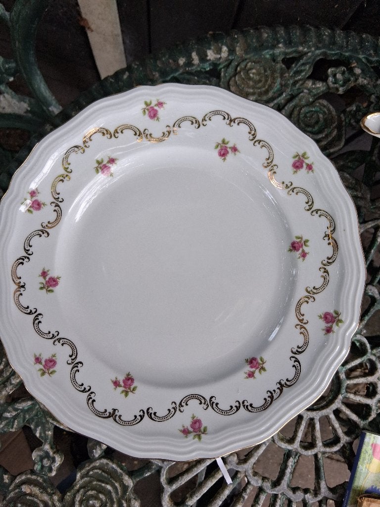8 Dinerborden Rheinkrone Bavaria roze roosjes en goud guirl., Ophalen of Verzenden