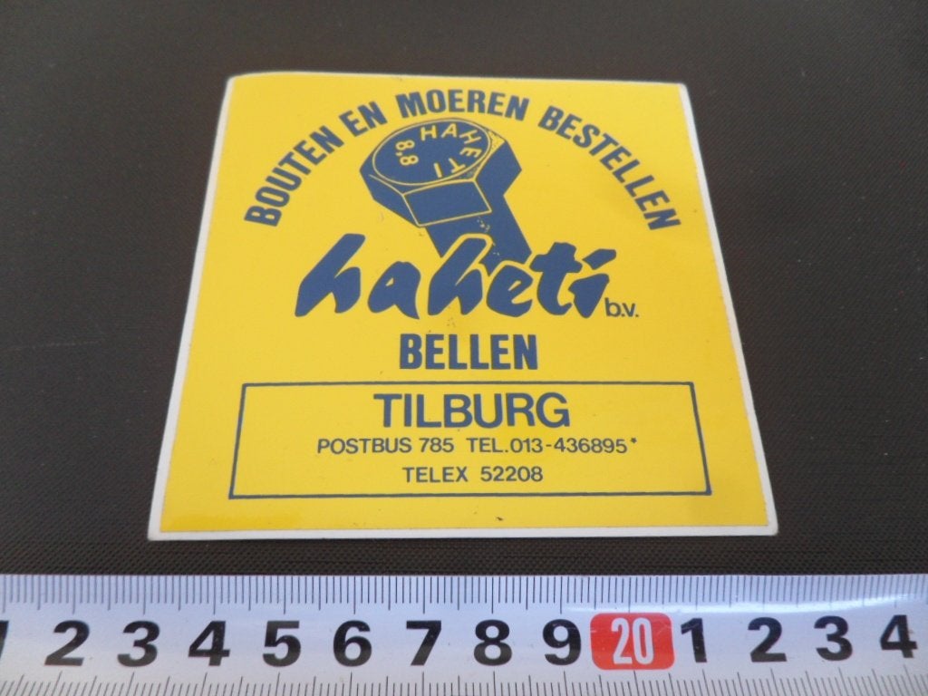 sticker Tilburg HAHETI bv Bouten en moeren bestellen Geel, Ophalen, Zo goed als nieuw