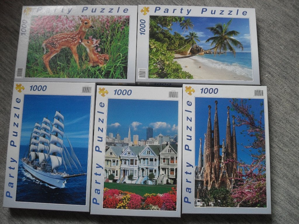 5 PARTY LEGPUZZELS., Ophalen of Verzenden, 500 t/m 1500 stukjes, Zo goed als nieuw, Legpuzzel