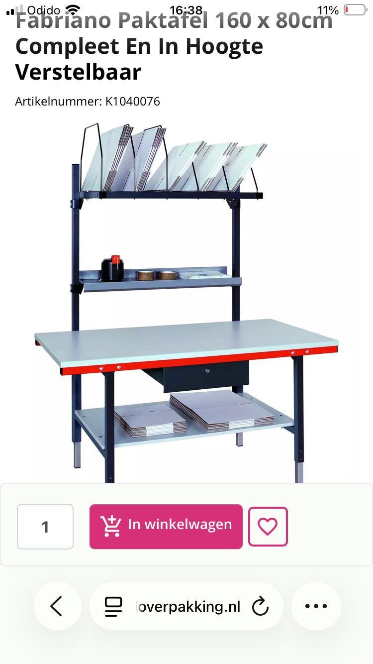 Werkbank/Inpaktafel.  Met Karton magazijn.  160/80, Ophalen, Zo goed als nieuw