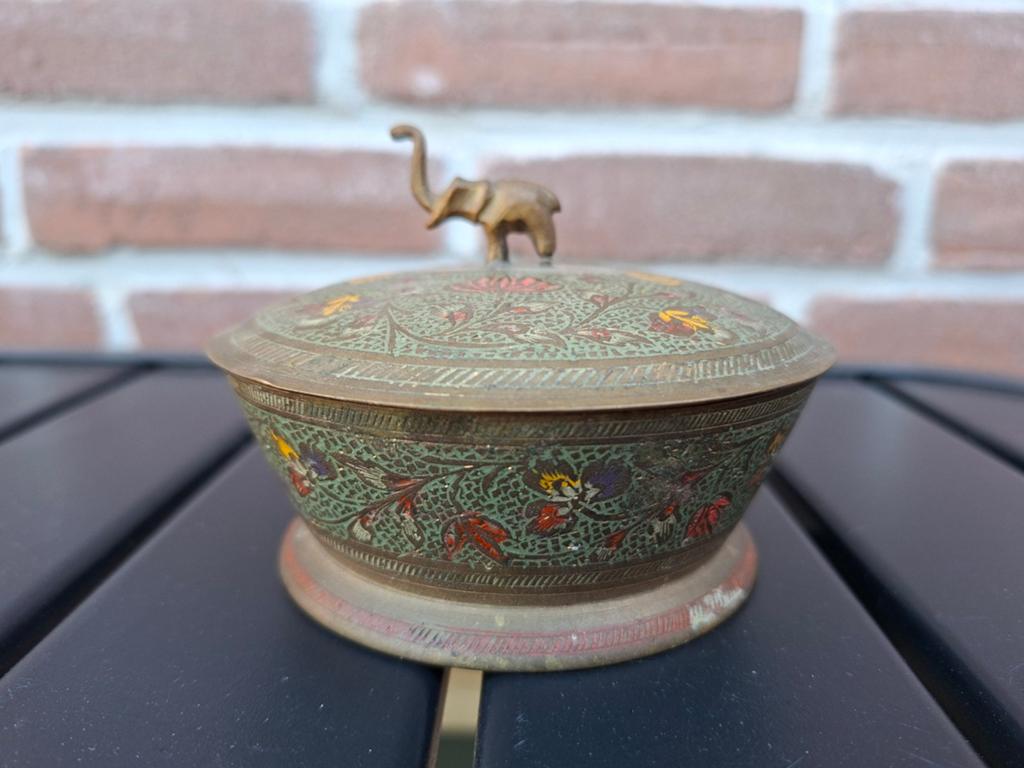 Vintage Koperen Doosje met Olifant en Emaille Decoratie, Antiek en Kunst, Antiek | Koper en Brons, Ophalen of Verzenden, Koper