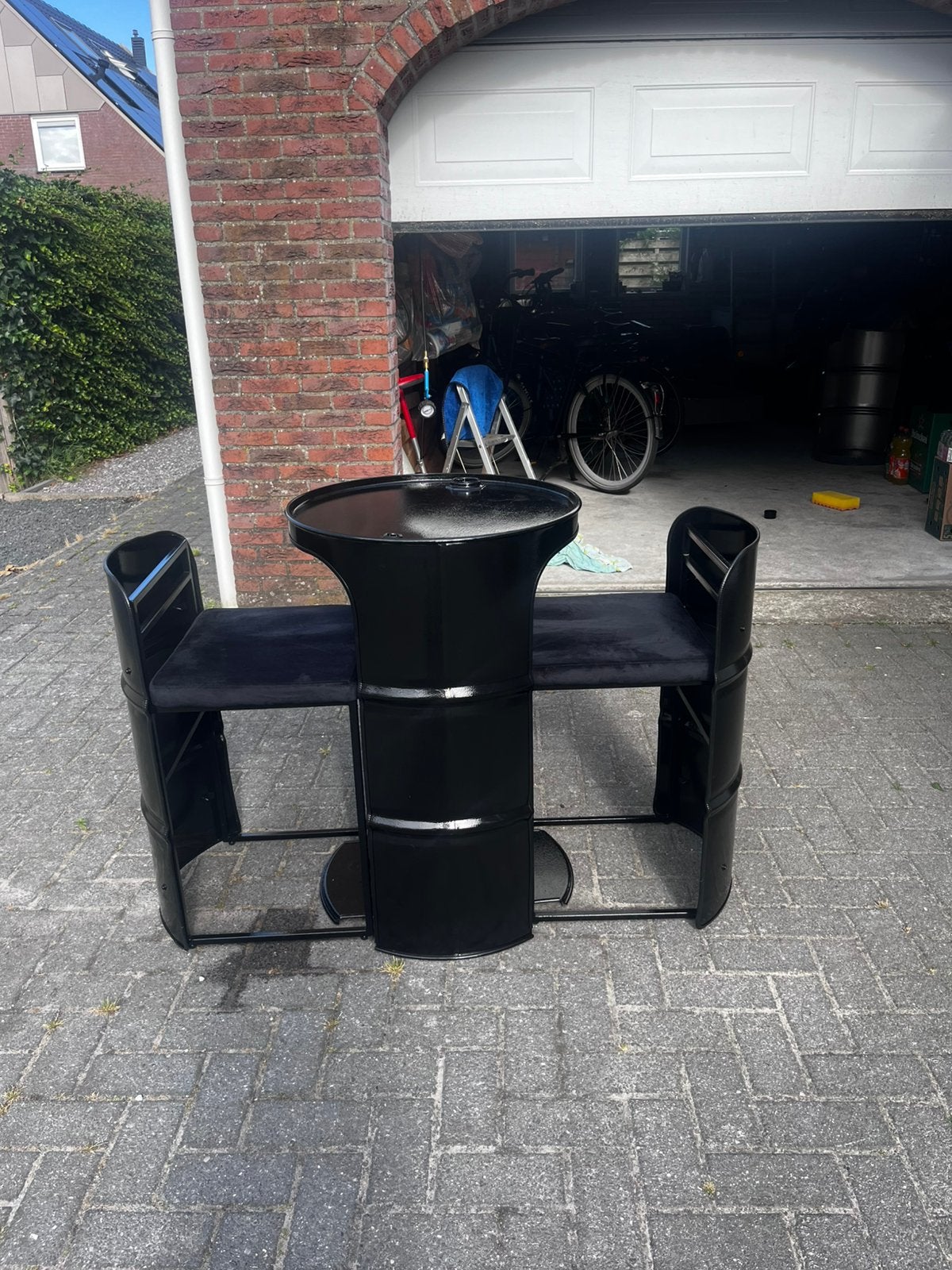 Zelfgemaakt Olieton Tafel en stoelen, Tuin en Terras, Tuinsets en Loungesets, Ophalen, Zo goed als nieuw