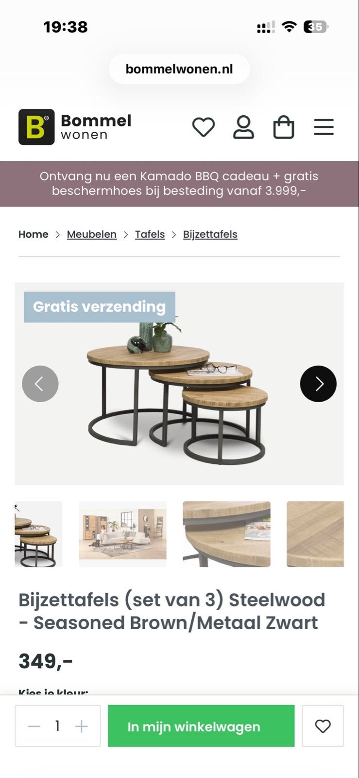 Bijzettafels set van 3 - Steelwood Seasoned Brown, Rond, 55 tot 75 cm, Zo goed als nieuw, Hout