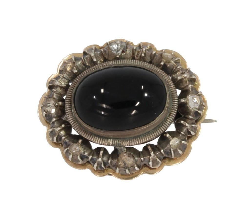 Diamanten onyx antieke 14k gouden robuuste broche dames, Verzenden, Goud, Broche, Met edelsteen