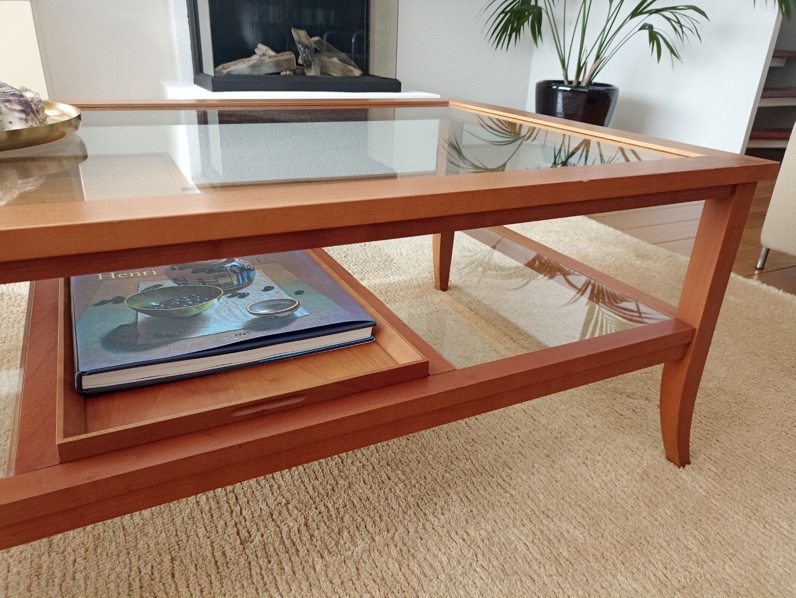 Moderne kersen salontafel met glazen bladen, Ophalen, Kersenhout, 100 tot 150 cm, 50 tot 100 cm