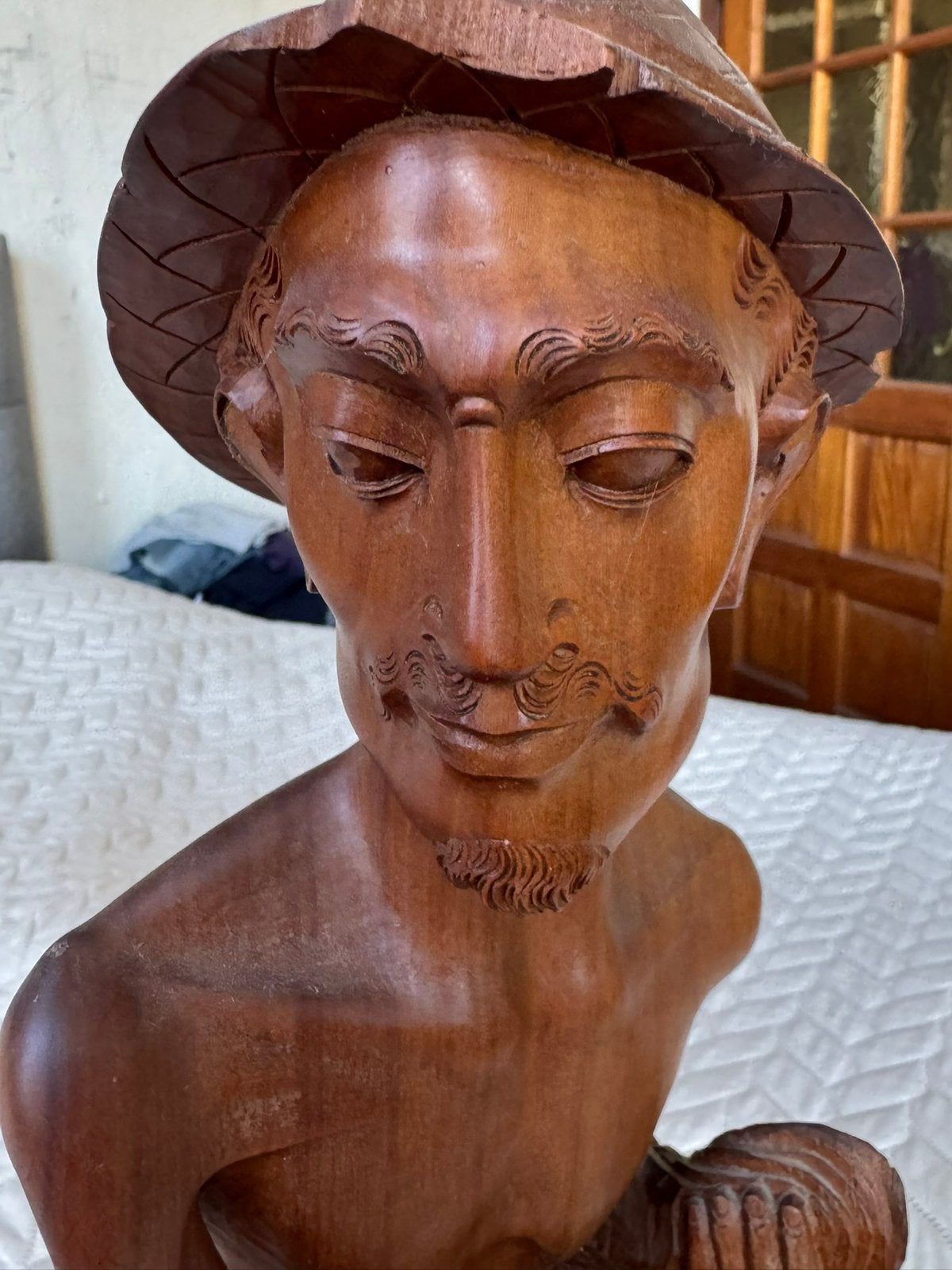 Handgesneden houten beeld visser, Antiek en Kunst, Ophalen of Verzenden, Handgemaakt, 20 - 50 cm, Hout