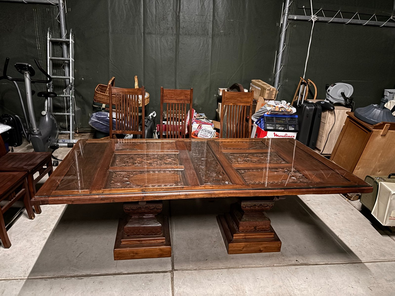 Koloniale Indonesische houten eettafel glasplaat 6 stoelen, Ophalen, Gebruikt, 100 tot 150 cm, Vijf personen of meer