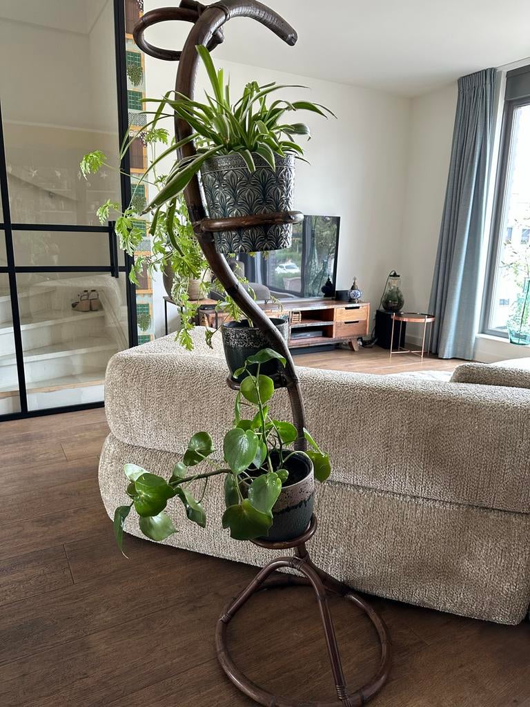 Bamboe Plantenstandaard tafel vintage, Tuin en Terras, Ophalen of Verzenden, Zo goed als nieuw, Rond, Hout
