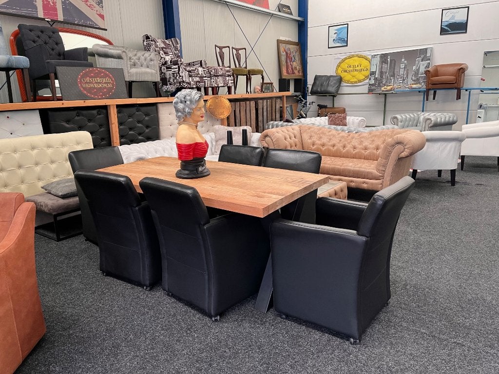 Nwe. Mango Houten Eettafel X Onderstel 6 zwart leren stoelen, Huis en Inrichting, Ophalen, 50 tot 100 cm, Vijf personen of meer