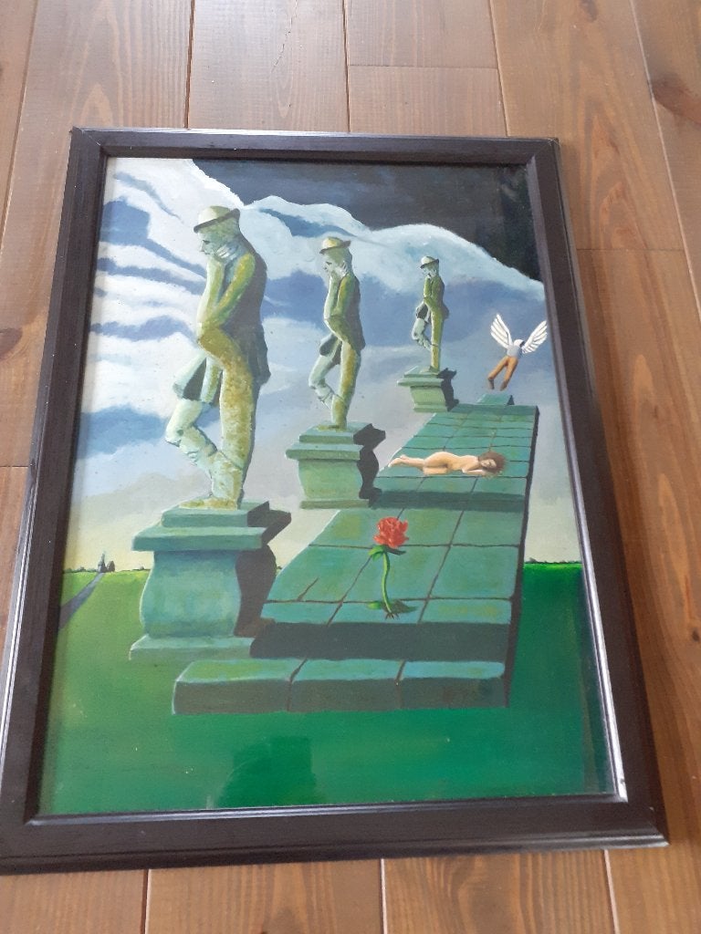 Surrealistisch schilderij., Abstract, Acrylverf, Hout, Achter glas
