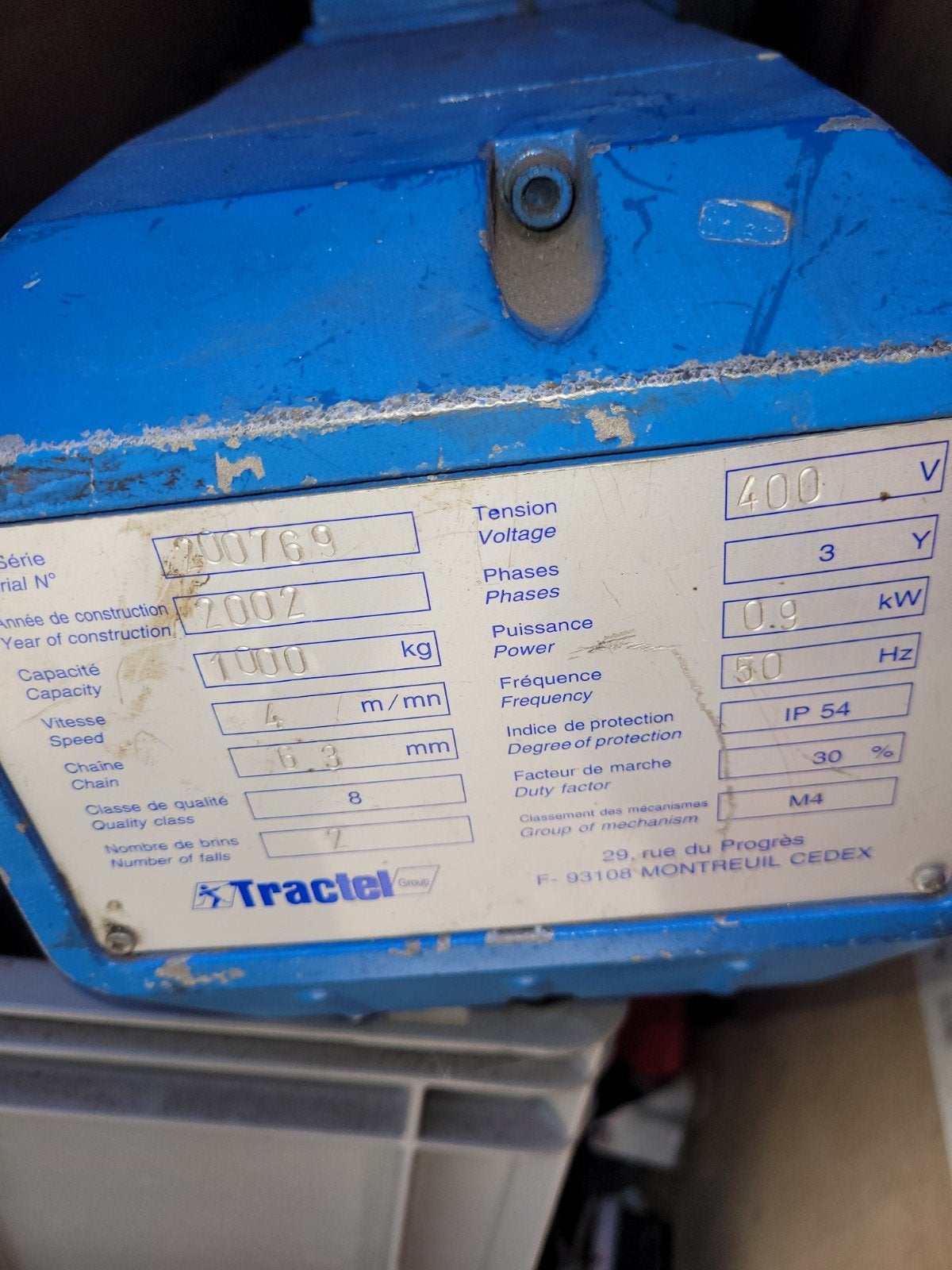 Tractel elektrische takel 1000 kg - 400V, Ophalen of Verzenden