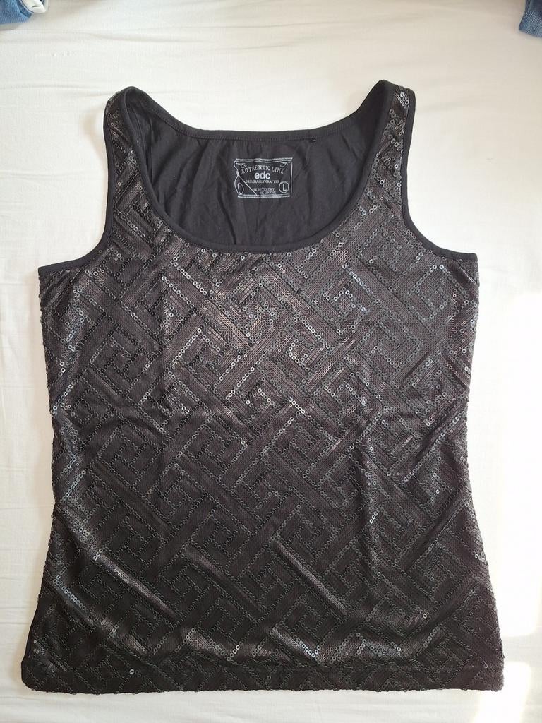 Zwarte top met pailletten Edc L, Zwart, Maat 42/44 (L), Ophalen of Verzenden, Zo goed als nieuw