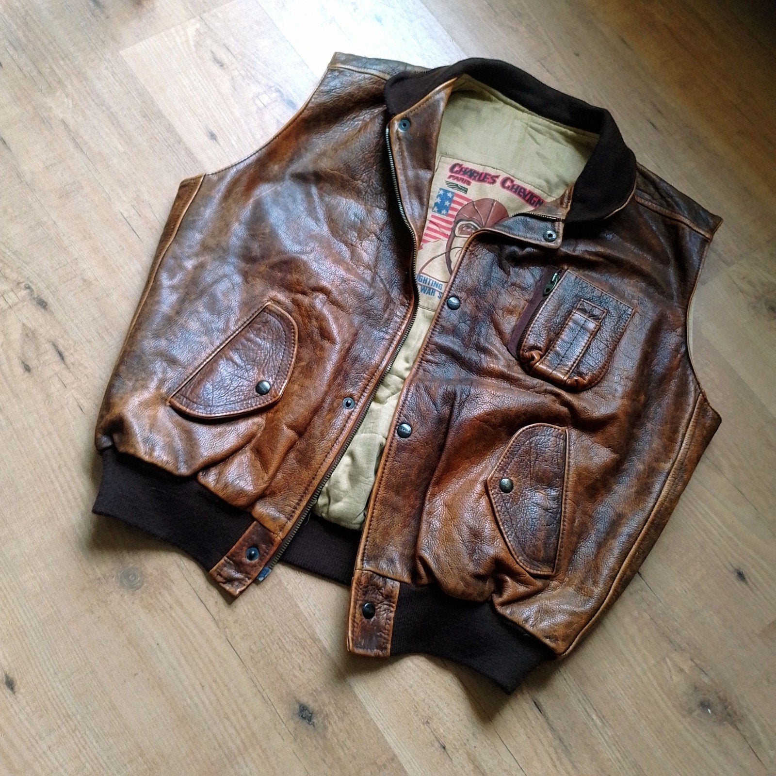 Pracht vintage leren piloten vest!, Chevignon, Bruin, Maat 56/58 (XL), Ophalen of Verzenden