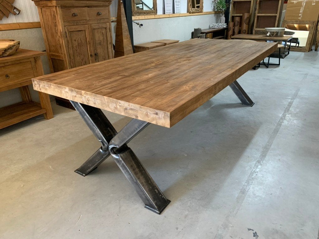 Eettafelblad 8 dik, geborsteld teak, stoer, tafel, 220-250cm, Ophalen, 100 tot 150 cm, Teakhout, Landelijk