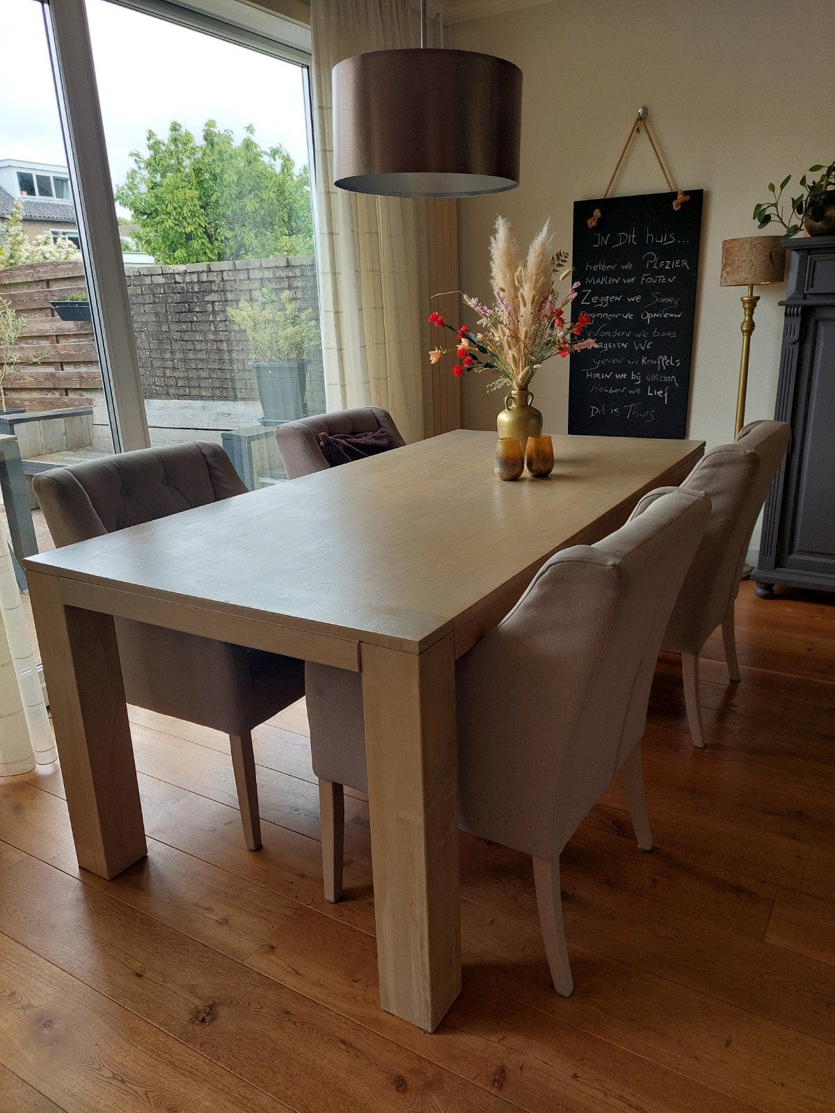 Complete set  eettafel met 4 stoelen, Ophalen, Gebruikt, Eikenhout, 200 cm of meer