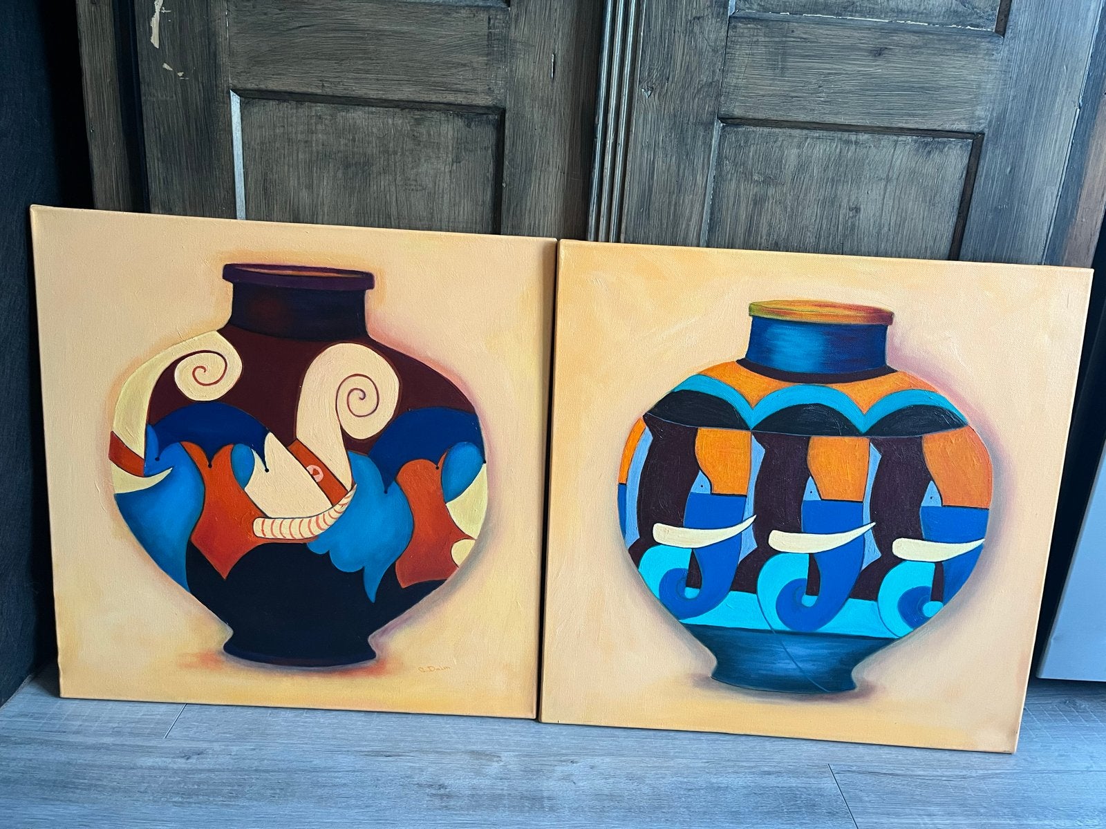 Twee handgeschilderde schilderijen 60x60cm, Ophalen, Stilleven, Gesigneerd, Olieverf
