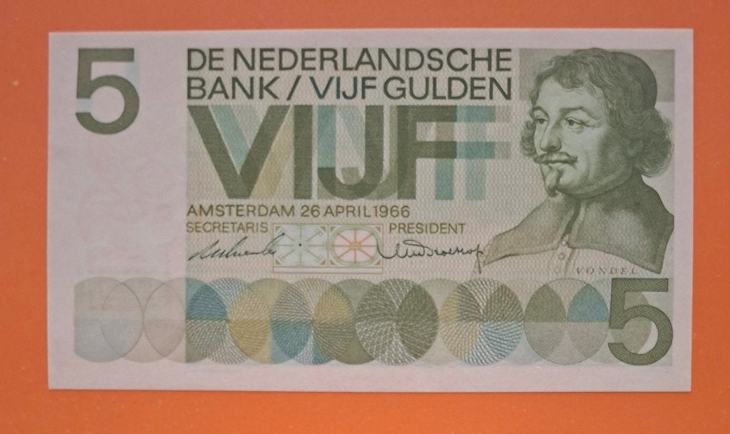 Bankbiljet 5 gulden 1966, blauwe UV-vezels, cat. PL22.a, Postzegels en Munten, Verzenden, 5 gulden, Los biljet
