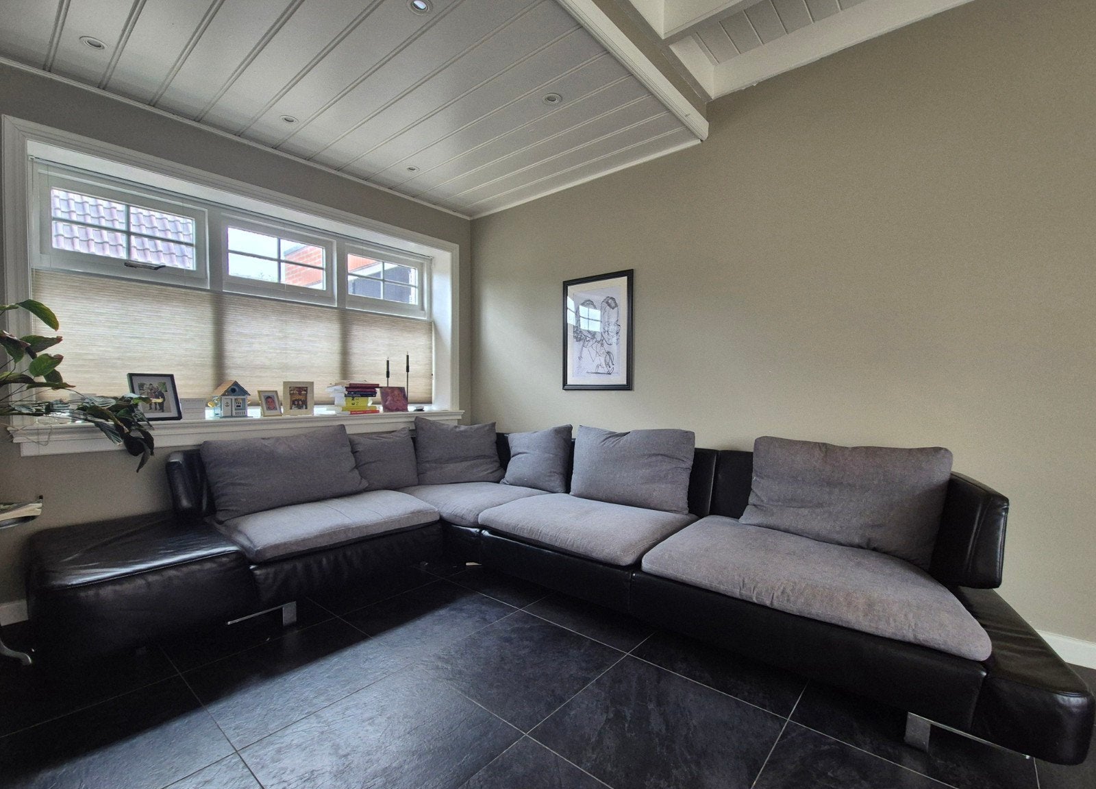 Natuzzi hoekbank - leer en stof, Huis en Inrichting, Banken | Bankstellen, Ophalen, Gebruikt, 100 tot 125 cm, Hoekbank